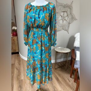 Sofia Vegara Turquoise and Orange Tropical Elasic Waist Feminine Midi Dress
